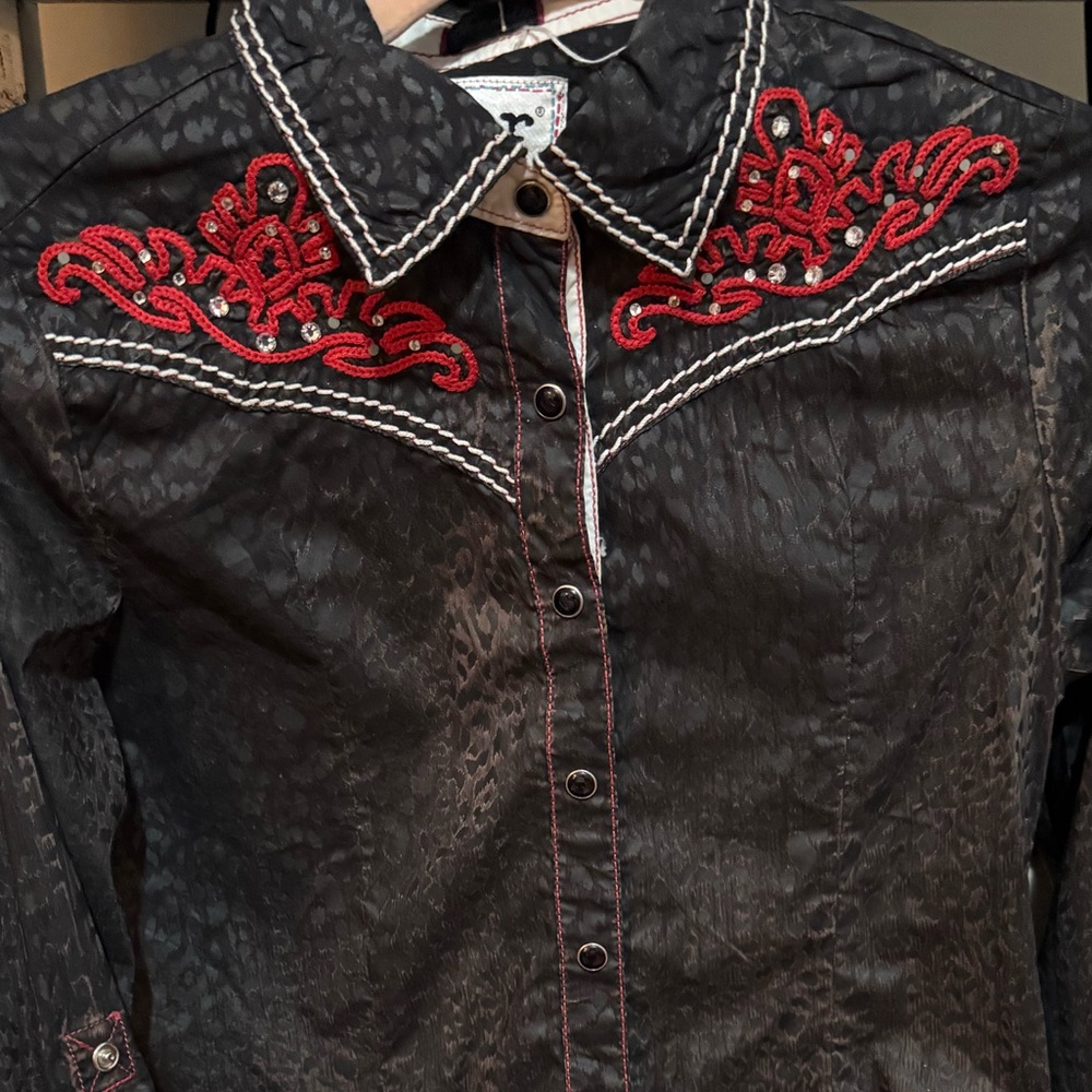 Roar Signature Black Button Down Shirt with Red Embroidery
